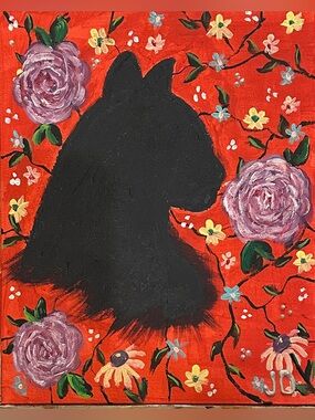 Black Cat Silhouette Floral Canvas Painting - Red Background